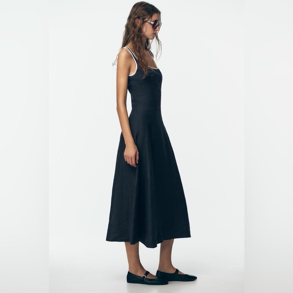 Zara NWT Blue & White 100% Linen Contrast Piping Midi Summer Dress (Size Medium) - Picture 4 of 9